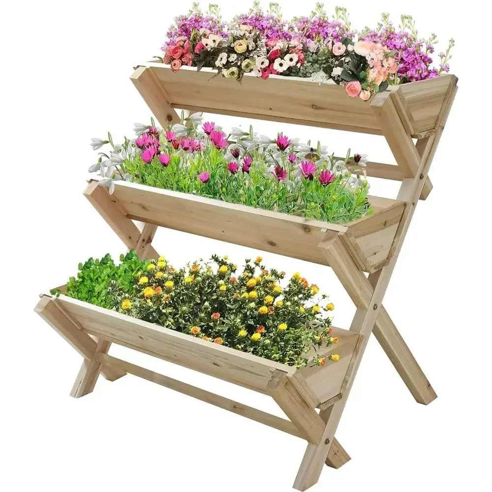 3-Tier 47x47x22 Outdoor Elevated Garden Bed, Natural Wooden Planter for Vegetables & Plants