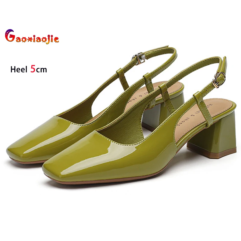 Zapatos de tacón medio de Color verde mostaza de 5cm para mujer, zapatos de tacón grueso con punta cuadrada y correa trasera, sandalias de boca poco profunda, zapatos de trabajo