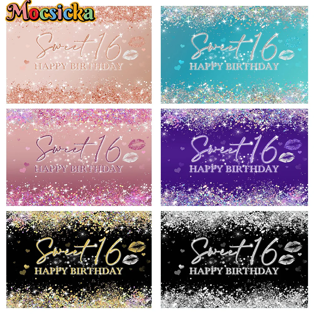 Sweet 16 Happy Birthday Backdrop for Party Decoration Glitter Sequins Children Custom Birthday Background Shiny Supplies Props