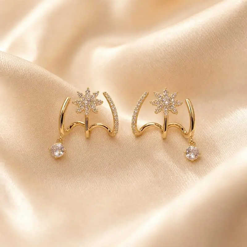 Gold Plated Cubic Zirconia Starburst Wrap Earrings Sparkly Hypoallergenic For Daily Wear  Parties