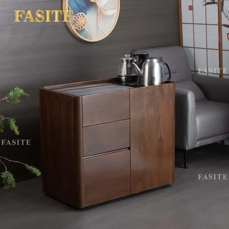For Solid Wood Ebony Mobile Tea Cabinet with Bakelite Tray Boiling Table Living Room Tea Room Side Storage Furniture