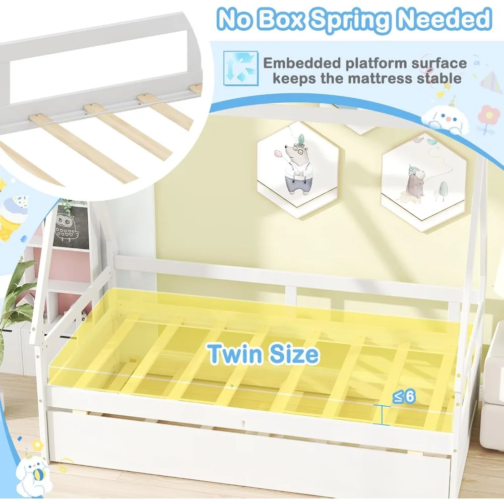 سرير منزلي خشبي مزدوج الحجم مع دولاب، سرير نهاري للأطفال بإطار من الخشب الصلب، سقف، درابزين أمان ودعم شريحة خشبية، P