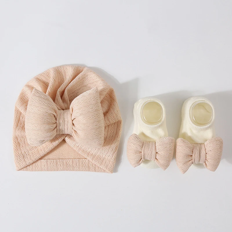 Solid Color Baby Turban Hat Socks Set Cute Bow Newborn Beanie Cap Boy Girl Anti-slip Floor Socks Infant Soft Headwrap