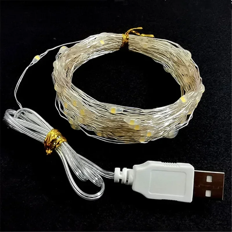 Guirnalda de luces LED de alambre plateado de cobre, cadena de luces USB, luces de hadas impermeables, decoración de fiesta de boda de Navidad, 1m, 10m, 20m