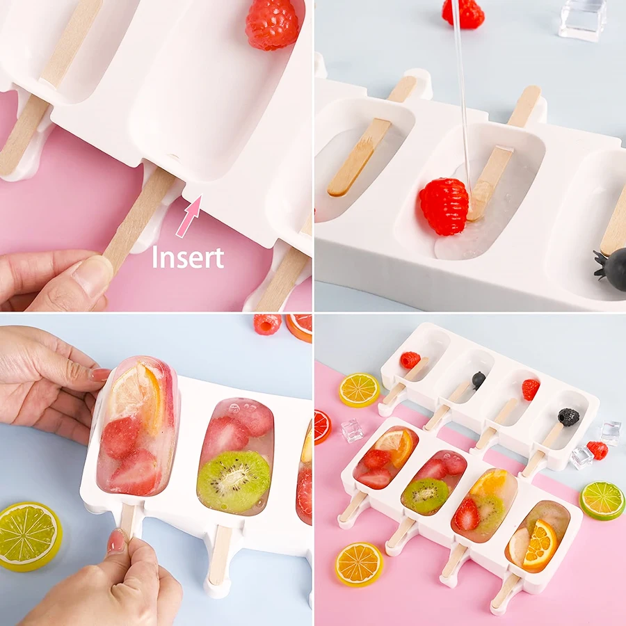 Popsicle Mold Set, Silicone Ice Pop Molds Ice Cream Oval Cake Pop Mold With 50 Wooden Sticks for DIY Popsicle