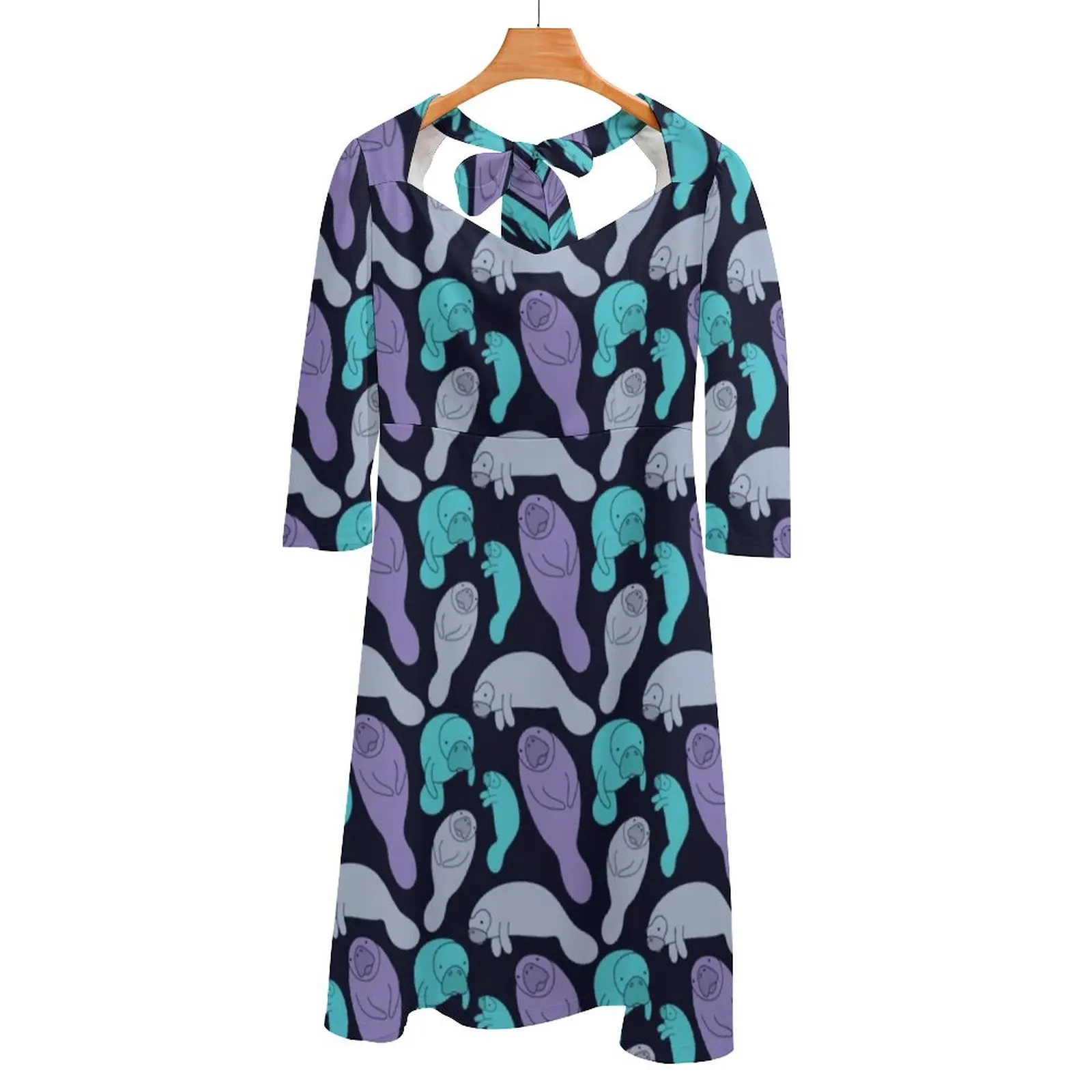 Manatee Pattern Back Lacing Backless Dress Women Kawaii Square Collar Dress 6Xl Manatee Manatees Animal Animals Aquatic Animals