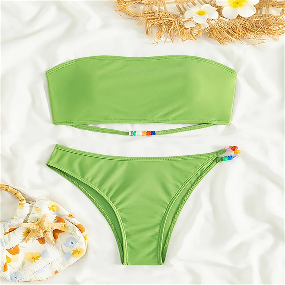 Сексуальный купальник-бандо, зеленый бикини, бисер, Y2K, купальник для отпуска, женский купальный костюм, пляжные стринги, комплект бикини, летняя одежда