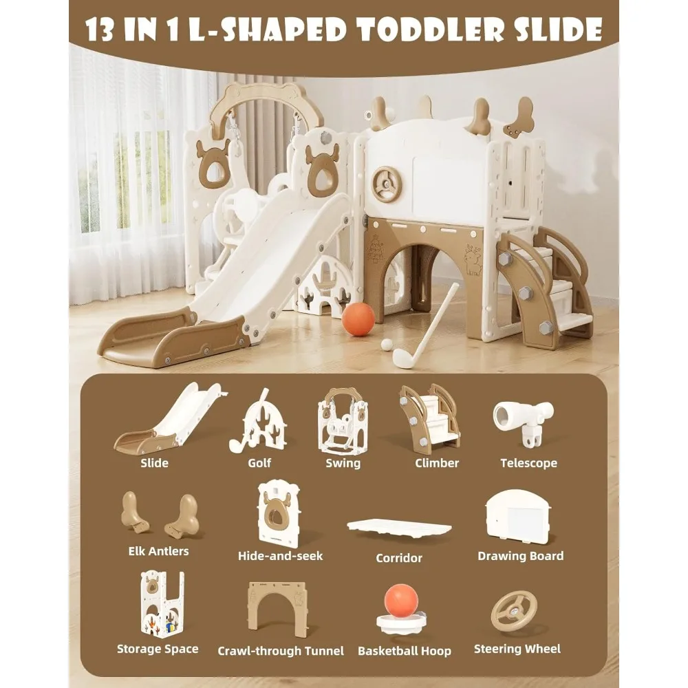 13 in 1 Kids Slide, Toddler Slide Playset with Swing, Drawing Board, Basketball Hoop and Storage Space, Toddler Playground