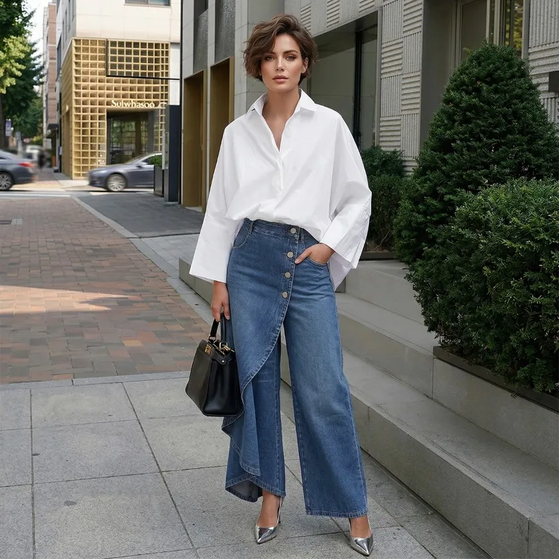 

UOOZEE 2026 New Irregular Hem Wide Leg Jeans For Women High Waisted Loose Buttoned Urban Casual Trendy Denim Trouses Bottoms