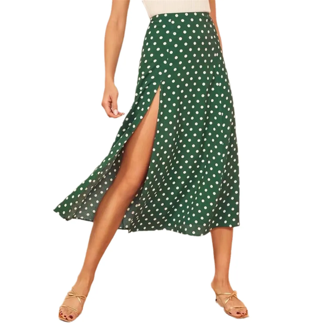 Bloemen Groene Stip Retro Rok Sexy Print Hoge Taille Side Slit Rok