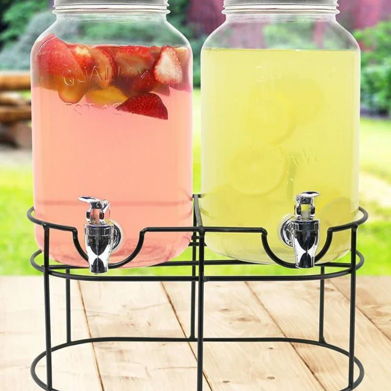 Beautiful Mason Jar Double Beverage Drink Dispenser On Elegant Metal Stand With Leak-Proof Spigot, 1 Gallon Capacity Each - Perf