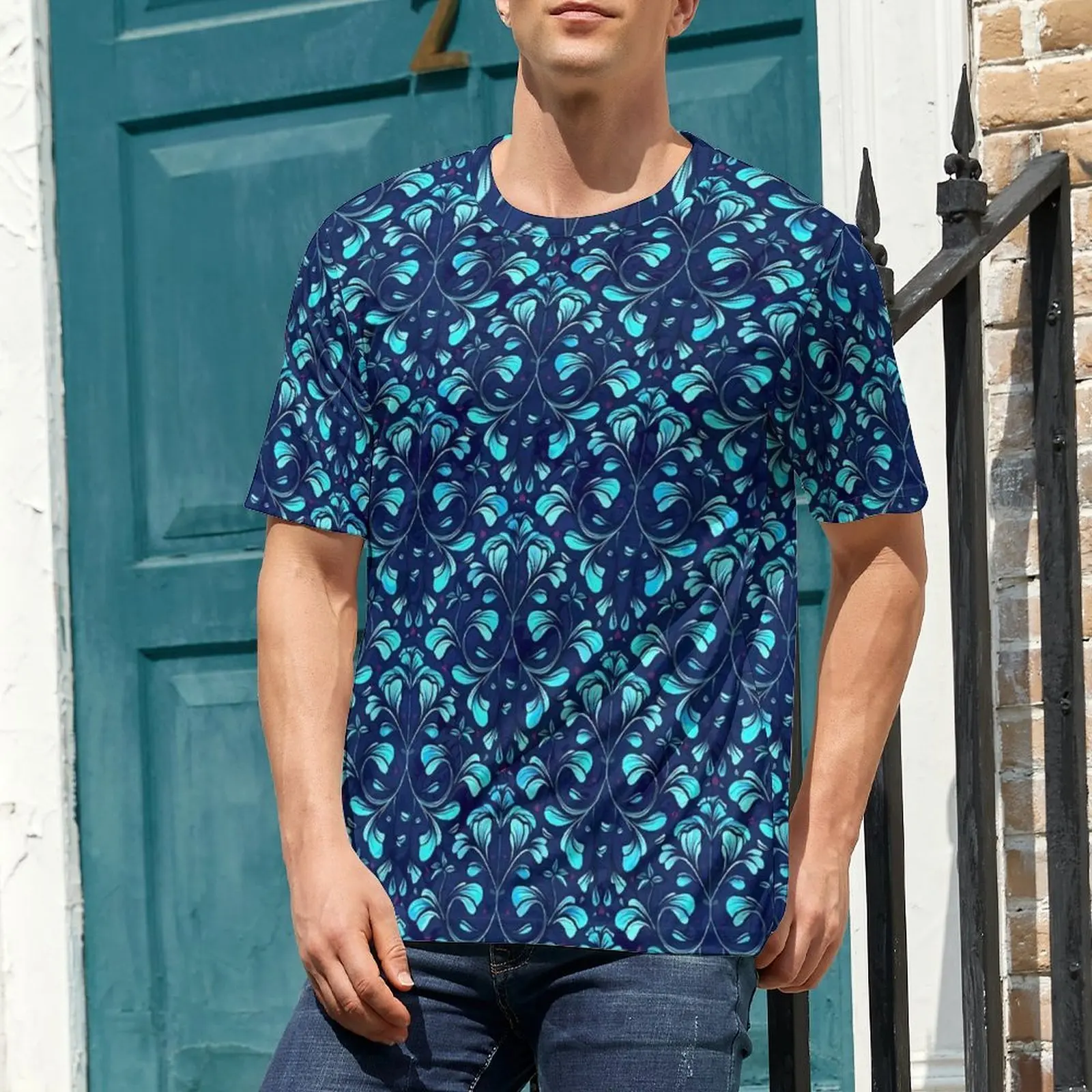 Baroque Brocade T Shirt Blue Floral Harajuku T-Shirts Mens Streetwear Tee Shirt Premium Short-Sleeved Custom Tops Big Size