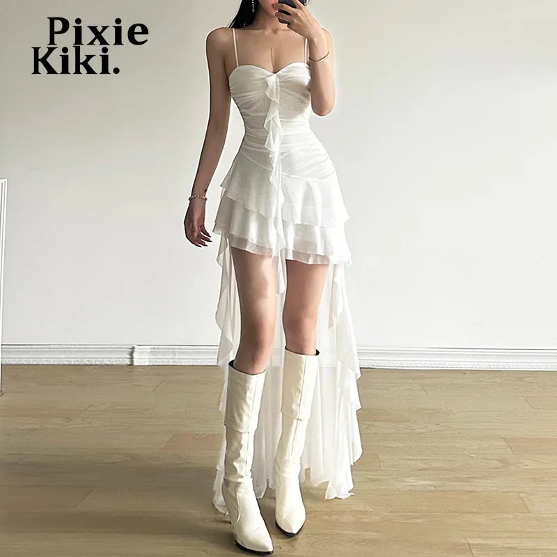 PixieKiki Y2k Sexy Mesh Ruffle Irregular High Low Dress White Black Sleeveless Long Dresses Summer Clothes Women 2024 P94-EZ30