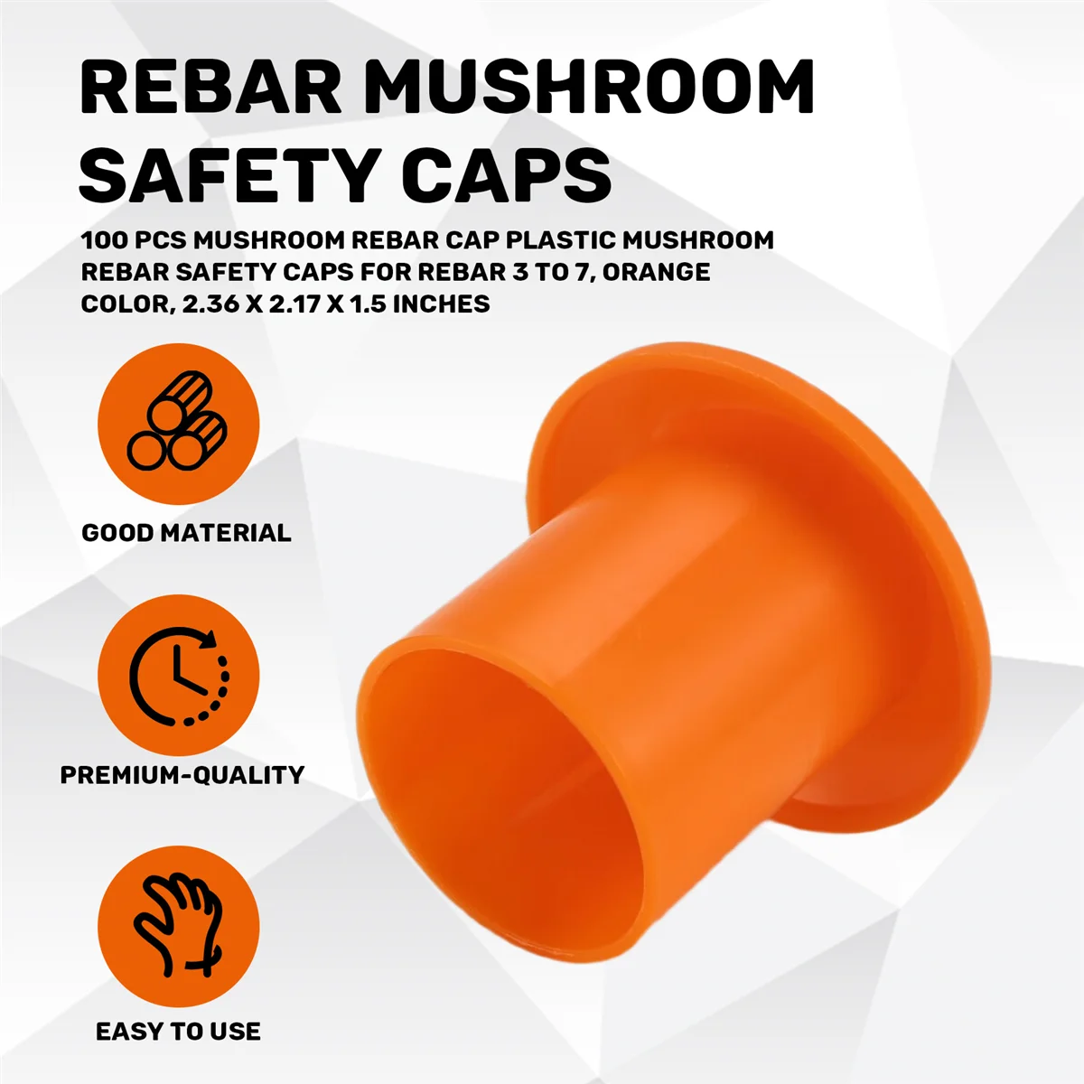 B24B 100 Uds tapa de barras de refuerzo de setas tapas de seguridad de barras de refuerzo de setas de plástico para barras de refuerzo de 3 a 7, Color naranja, 2,36x2,17x1,5 pulgadas