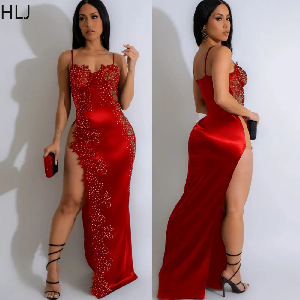 

HLJ Sexy Rhinestone Irregular High Slit Suspenders Dresses Women Sleeveless Backless Bodycon Vestidos Fashion Party Club Clothes