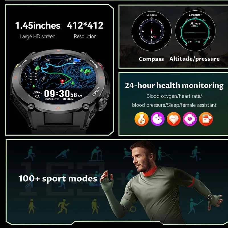 New Outdoor Professional GPS Trajectory Smart Watches Men 1ATM Waterproof Watch 1.43