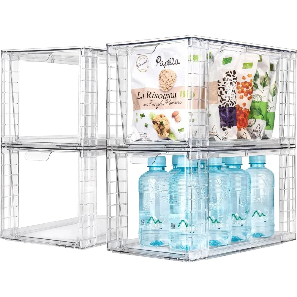 4Pack Large Stackable Kitchen Storage Drawers, Clear Foods Organizer Bins with Handles, Easily Assemble for Bathroom, Kitchen,