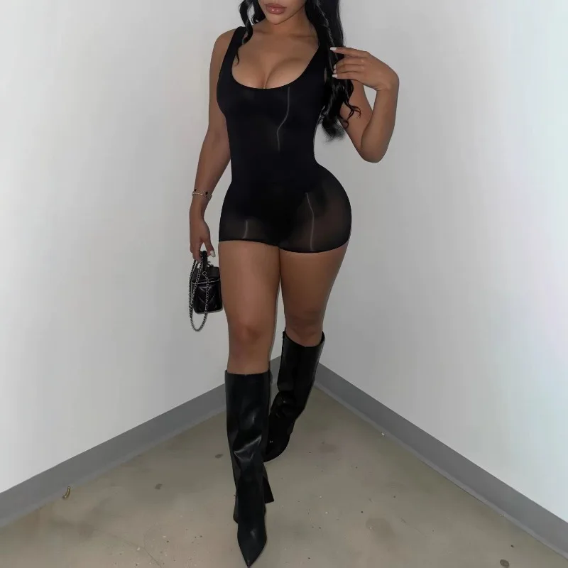 Glossy Shiny High Stretch Sleeveless Bodystocking Mini Dress Women Sexy See Through Club Outfit