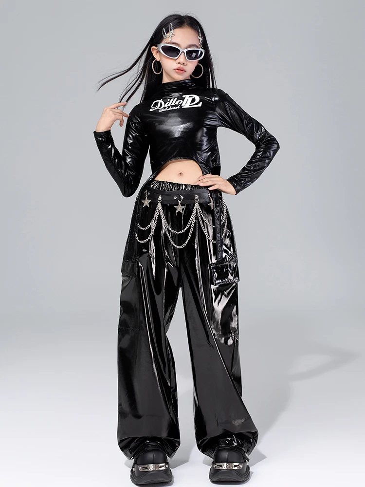 2025 ملابس رقص الجاز للفتيات ملابس أداء Kpop لامعة سراويل رقص سوداء موضة الهيب هوب ملابس الرقص في الشارع VDL4575 #3