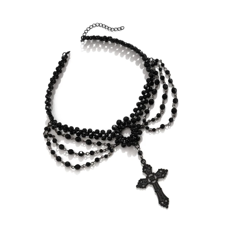 Statement Gothic Fringe Necklace Adornment with Crosses Detail for Edgy Outfits