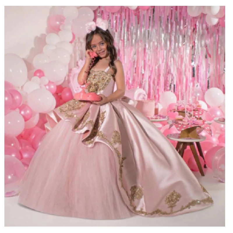 Flower Girl Dresses Pink Sequined Satin Appliqued Ball Gown Baby Pageant Dresses Spaghetti Straps Princess First Communion