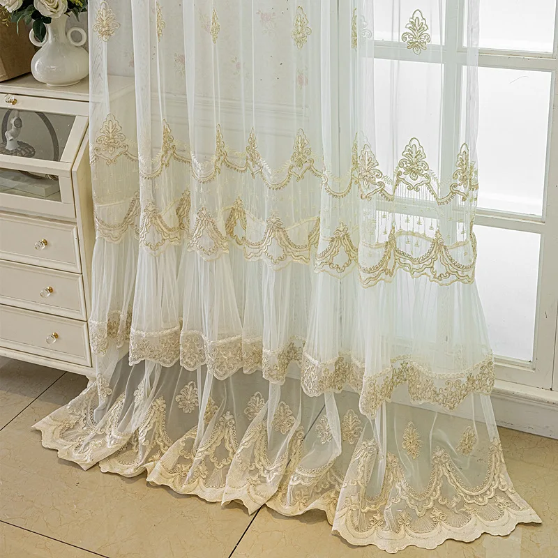 

French Luxury New Embroidered Double-layer Lace Sheer Curtain Living Room Bedroom Romantic Tulle Curtain