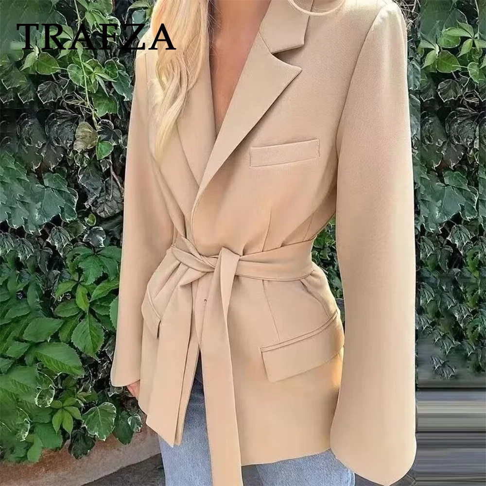 TRAFZA 2024 Spring Women Office Lady Solid Blazer Belt Loose Long Blazer Lapel Oversized Tuck In Blazer Casual Blazer For Women