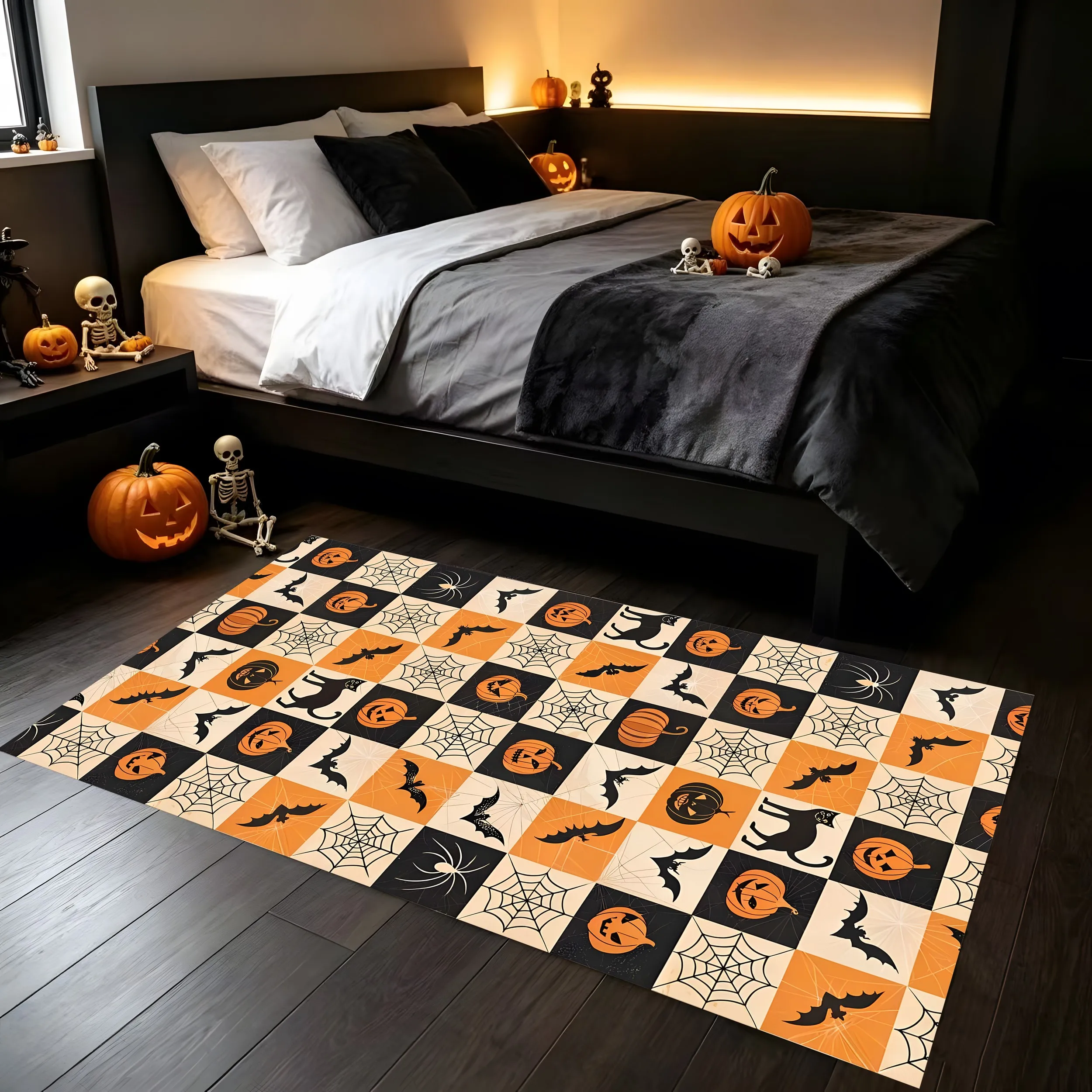 Velvet Pumpkin Black Cat Halloween Fun 2D Rug for Living Room, Bedroom and Party, Autumn/Winter