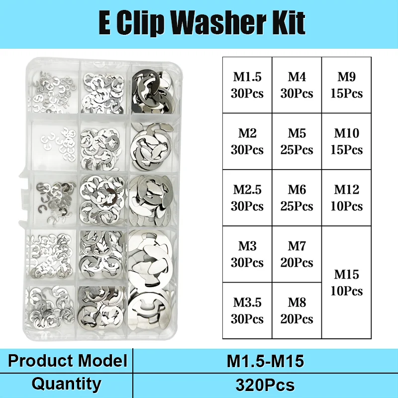 320/215 Stück E-Clip-Unterlegscheibe 304 A2 Edelstahl-Sicherungsring-Unterlegscheibe E-förmiger Außensicherungsring Sicherungsring für Schaft-Kit M1,5 ~ M15 – Detail 8