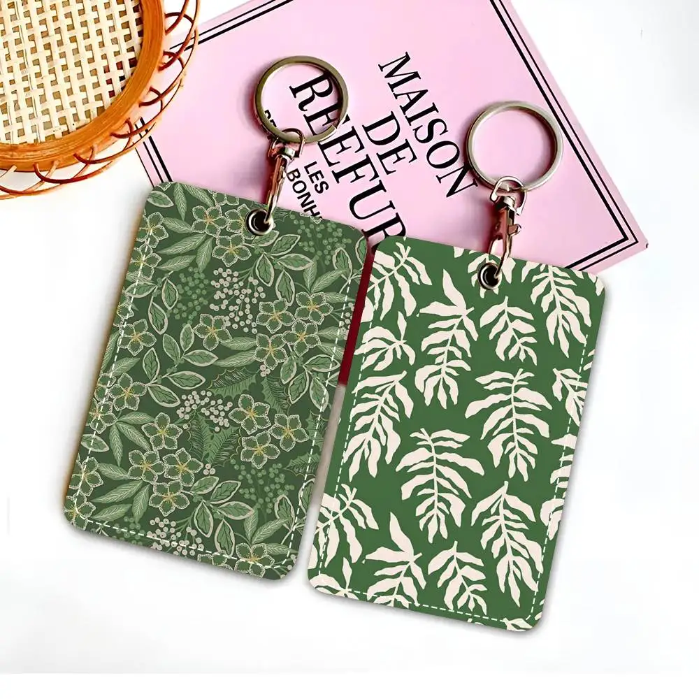 

Держатель для карт с зеленым растительным узором, подходит для кредитных карт, автобусной карты, мягкий кожаный прямоугольный брелок, защитный чехол