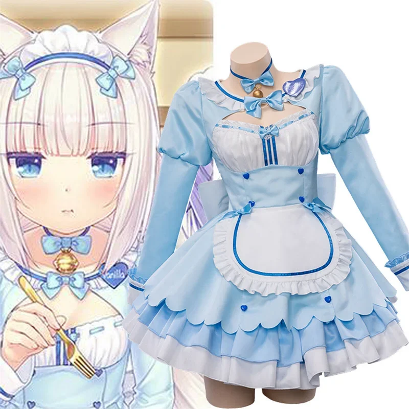 Anime gra nekopara Vol.4 Chocola wanilia przebranie na karnawał peruka neekomparadise Halloween Lolita pokojówka sukienka jednolita różowy niebieski js614