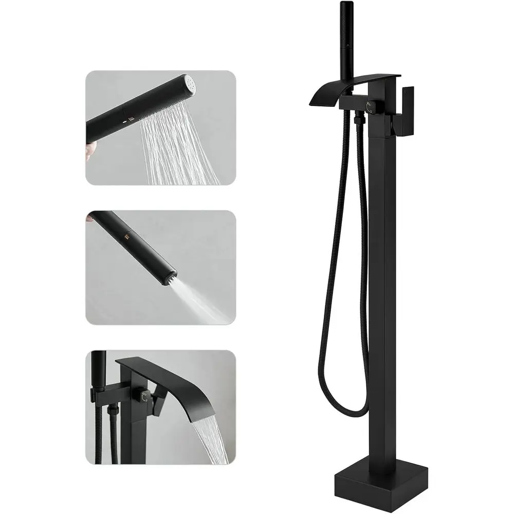 

Matte Black Floor-Mounted Tub Filler with Handheld Shower Sprayer