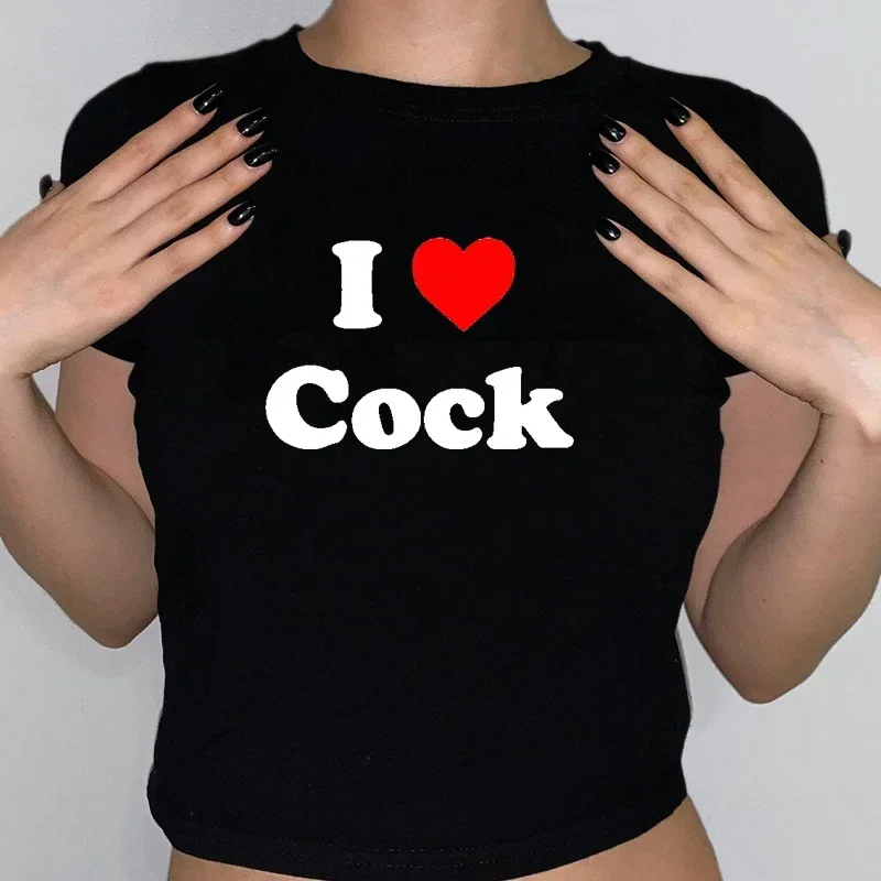 Camiseta Grunge de los años 2000 con cuello redondo para mujer, ropa Kawaii Y2k, Top corto para mujer I Heart Cock, camiseta Vintage para bebé, trajes sexys para discoteca