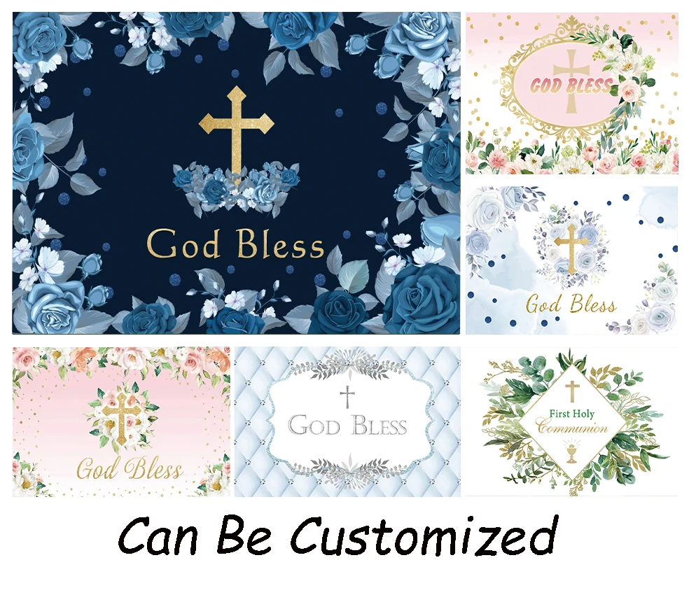 God Bless Backdrop Baptism Party First Holy Communion Blue Flower Boy Baby Shower Photography Background Custom Family Photocall