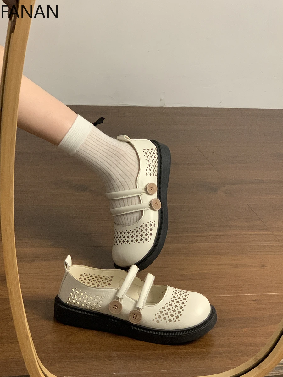 Mary Jane Shoes Retro Women Platform Sandals Hollow Flat Low Heel Shoes Summer 2025 New Original Casual Breathable Sandals