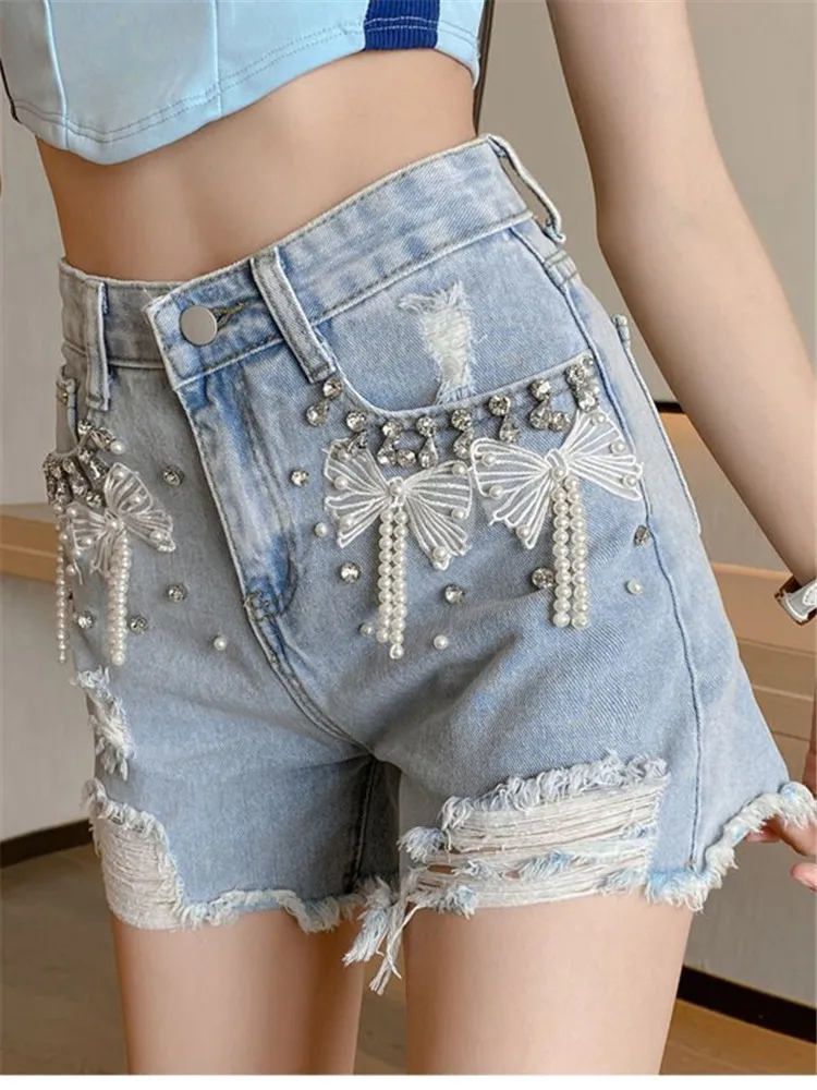 

Women Ripped Jeans Shorts Vintage Y2k Harajuku Diamonds Pearls Bow Mini Denim Shorts Summer Cowboy Short Pants 2000s Clothes