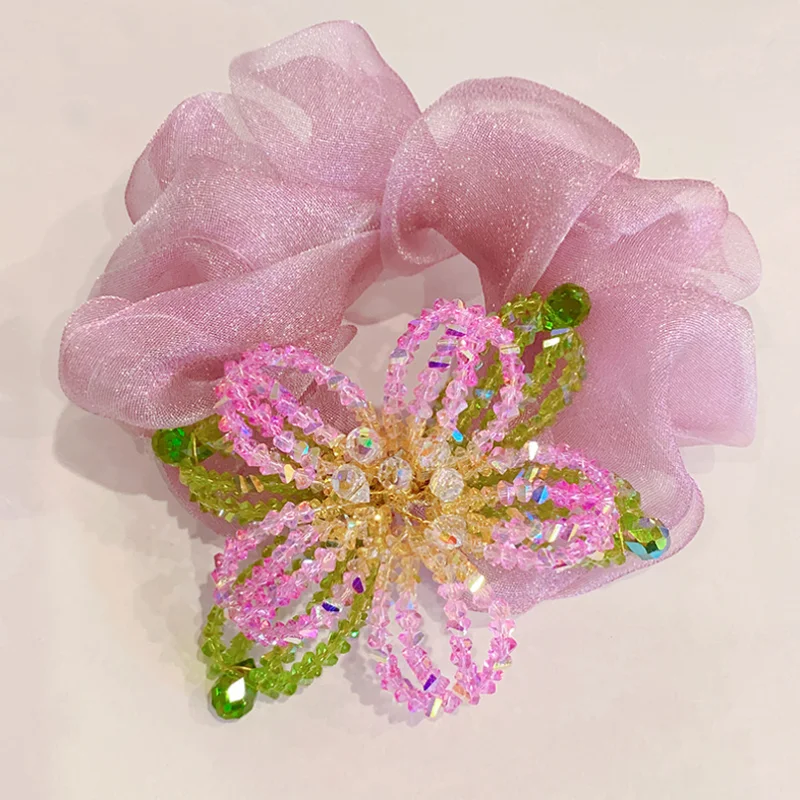 Exquisite Crystal Flower Large Hair Ties High Grade Ponytail Hair Ring Women Elastic Hair Bands Accessories