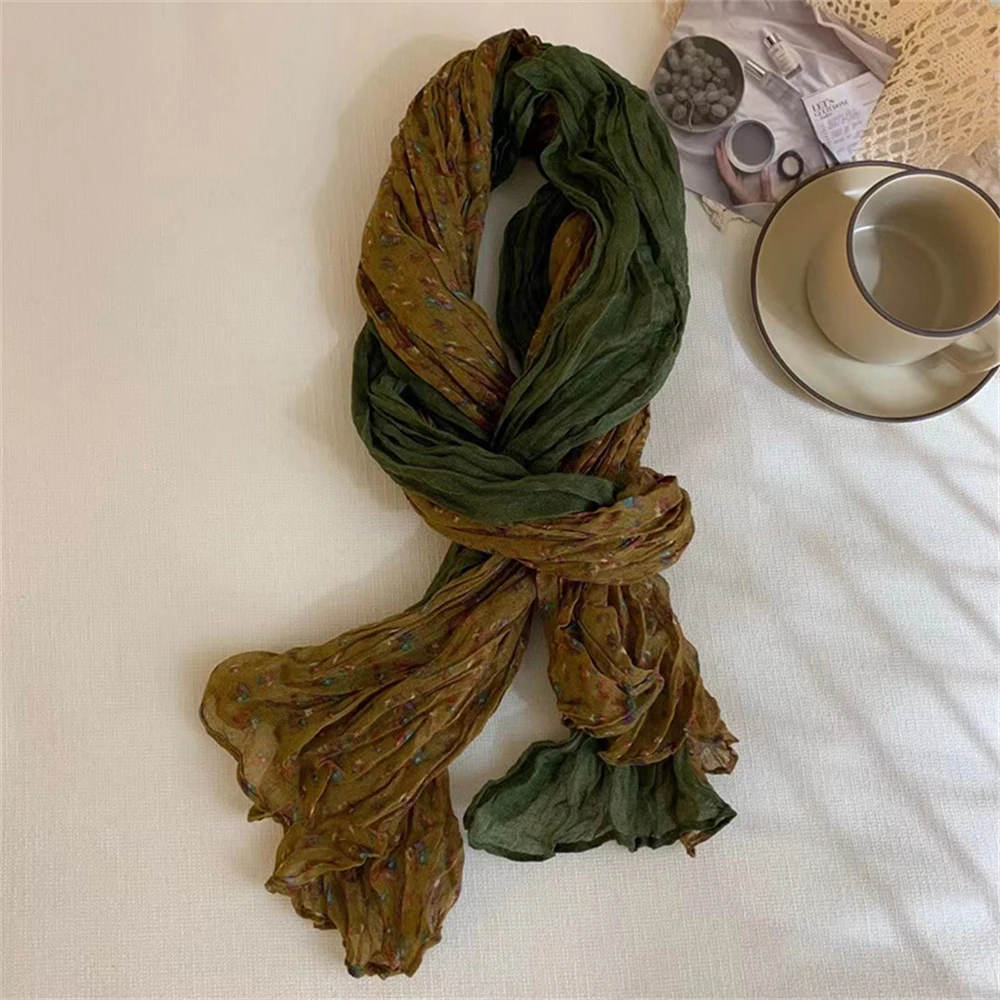 Vintage Cotton Linen Patchwork Scarf Women Pleated Scarf  Long Floral Square Scarf Shawl Fashion Winter Warm Casual Scarf Shawl