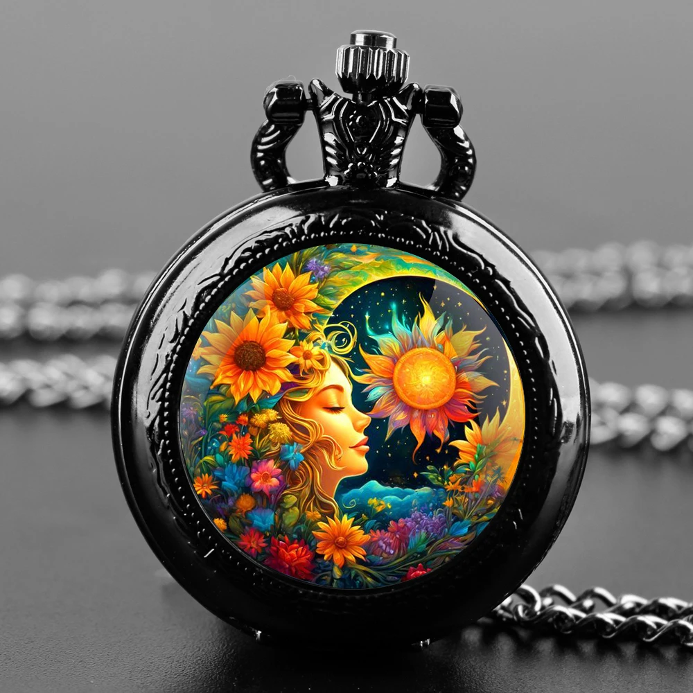 Sun and Moon Goddess Quarzt Pocket Watch with Chain Necklace Vintage Quartz Pendant Watches Clock Chain Mens Women