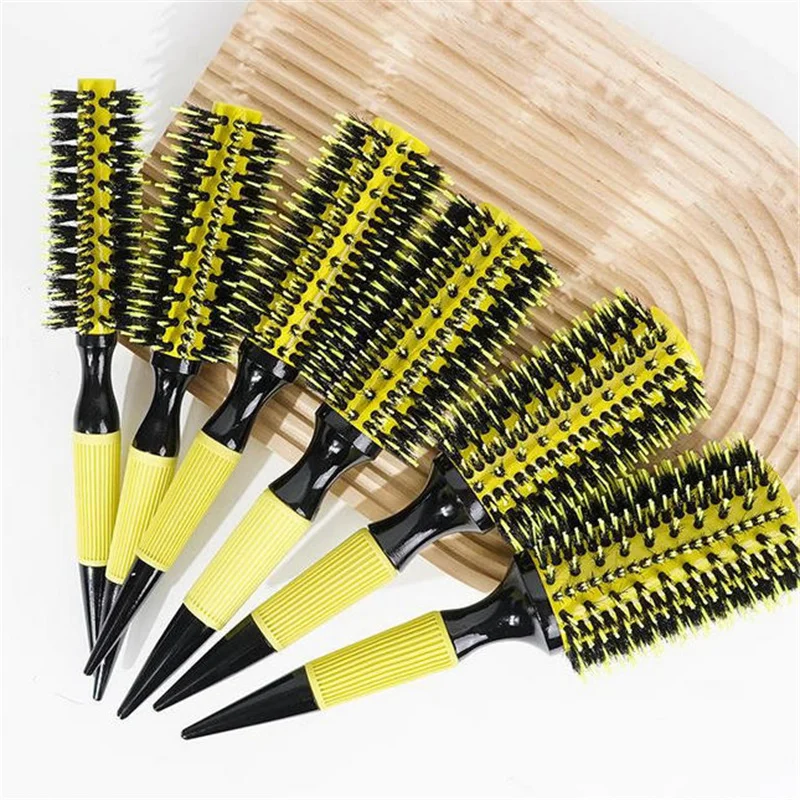

Professional Yellow 6 Sizes Round Wooden Hair Brush Boar Bristle Mix Nylon Bristles Salon Quality Hair Styling Tools for Women