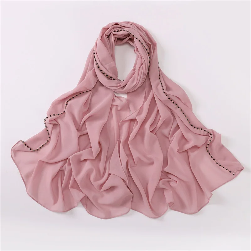 2024 Luxury Necklace Pearl Chain Bubble Chiffon Hijab Shawls Lady High Quality Wrap Beach Bufandas Ramadan Muslim Sjaal 175*70Cm
