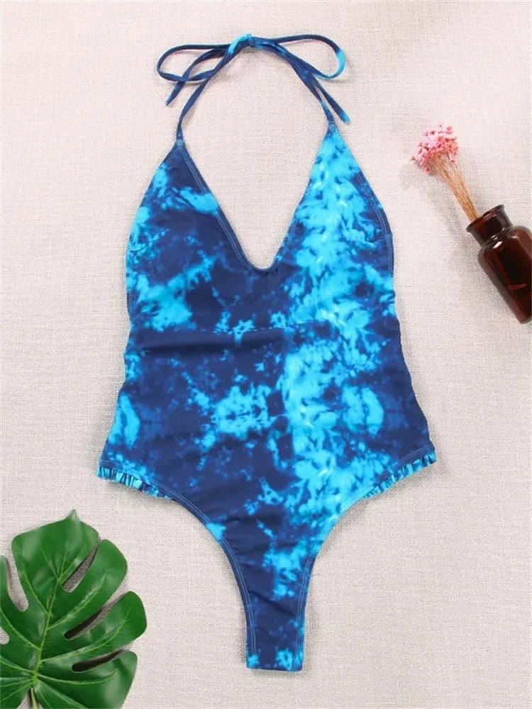 Miyouj Tie Dye One Piece Suit Ruffle Swimwear Women's Swimsuits Two-Piece Bathing Suit Bandage Monokini Solid Color Beach Wear