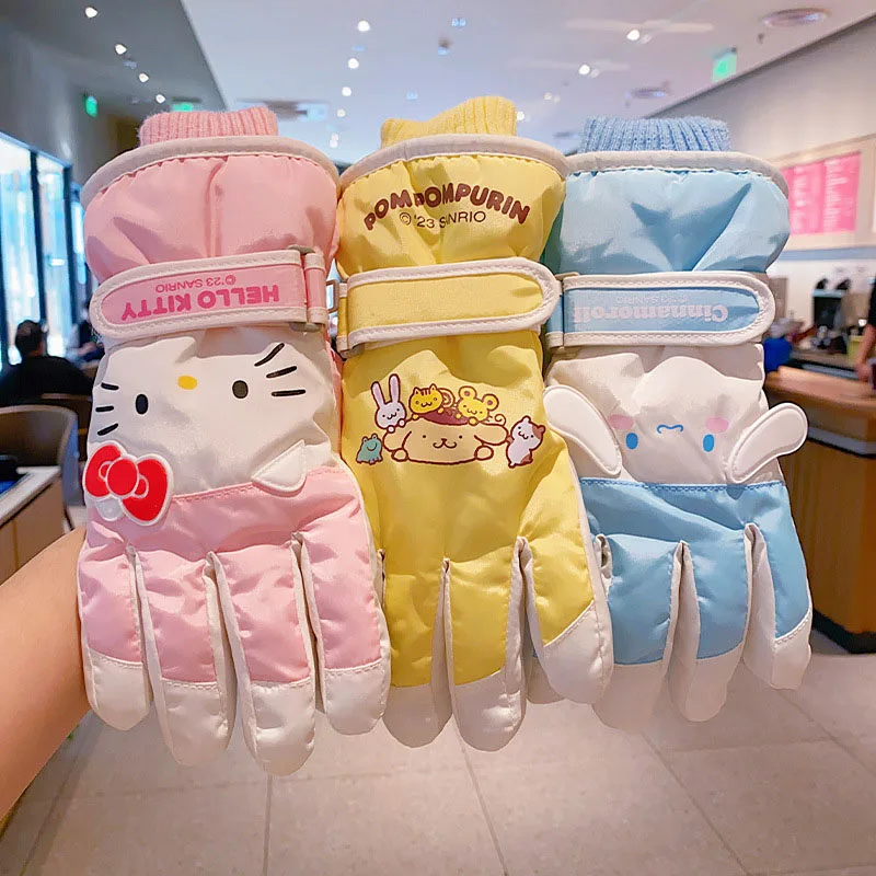 Miniso Sanrio Kids Ski Gloves Hello Kitty Cinnamoroll Pom Pom Purin Kawaii Anime Five-Finger Glove Outdoor Sport Gloves Gifts