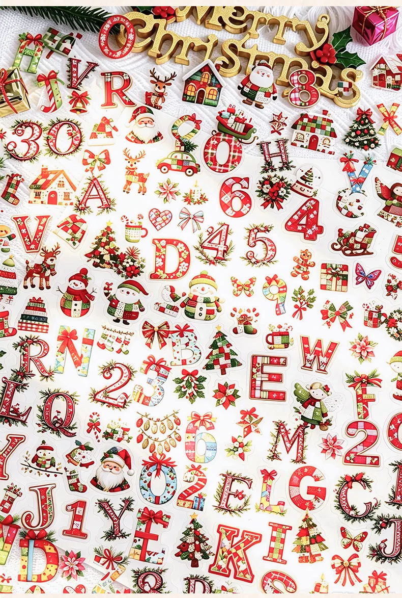 Journal GO 108 Stück Weihnachts-Alphabet- & Zahlen-PET-Aufkleber mit Stitch-Effekt, Schneemann- & Zug-Motiven für Scrapbooking, Planer, Karten – Detail 5