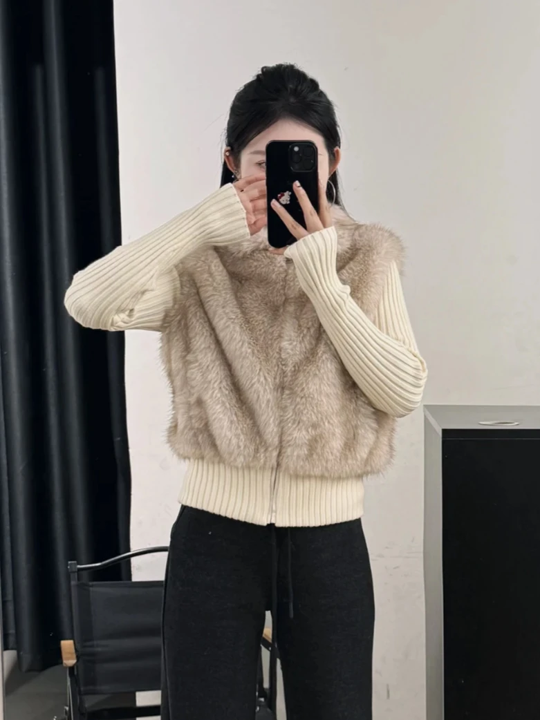 الشتاء الكورية الوقوف طوق وهمية قطعتين تقسم الفراء سترة معطف المرأة ضئيلة أنيقة العصرية الراقية قصيرة صديقة للبيئة معطف الفرو #1