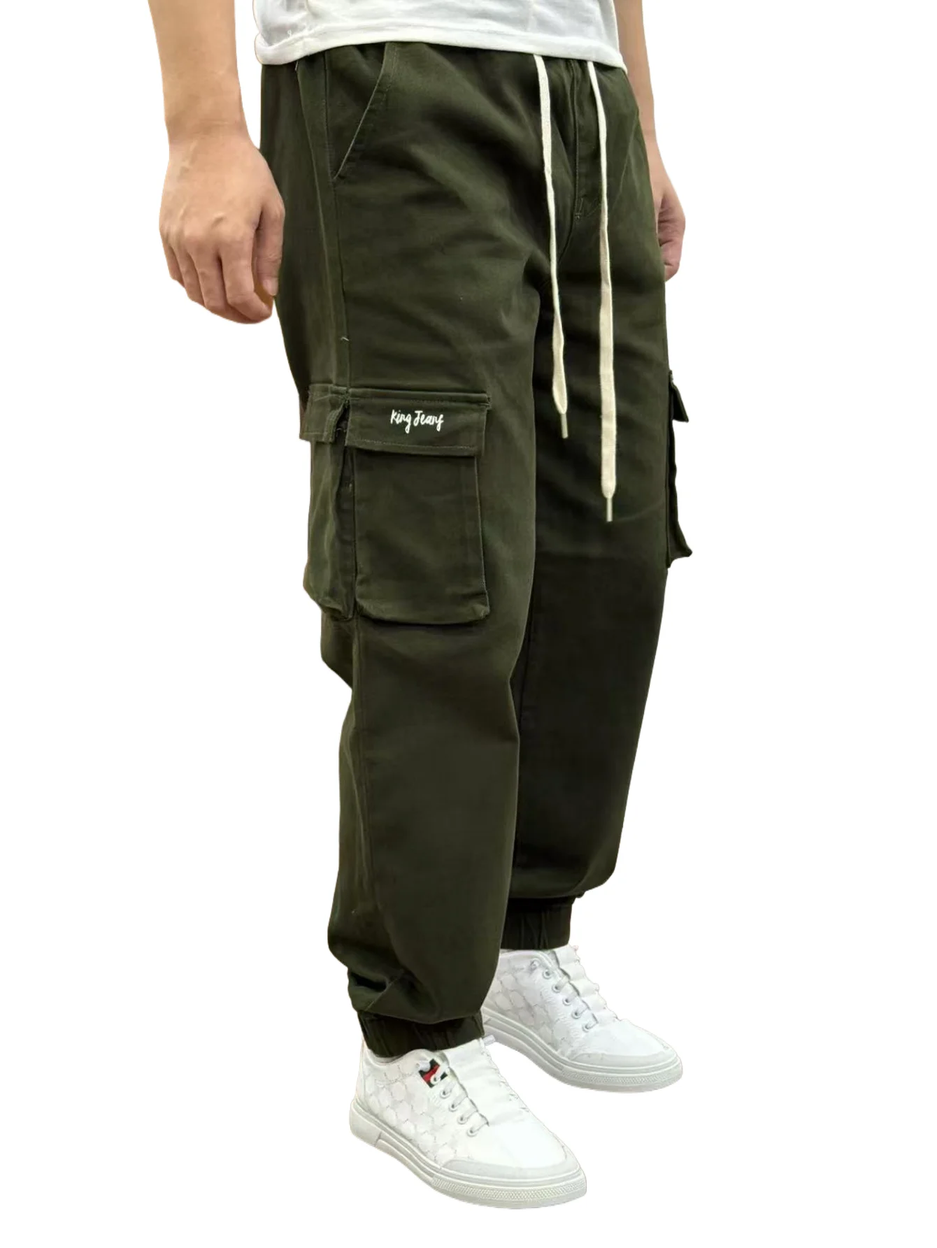 

KING JEANS Мужские оливковые брюки с эластичной резинкой на талии Модные модные брюки в стиле хип-хоп с многофункциональными карманами и манжетами