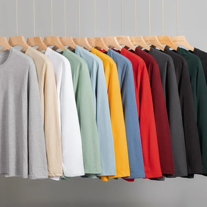 Men's Solid Color round Neck Long Sleeve T-Shirt Cotton Summer Comfortable Breathable Casual Top in Various Colors