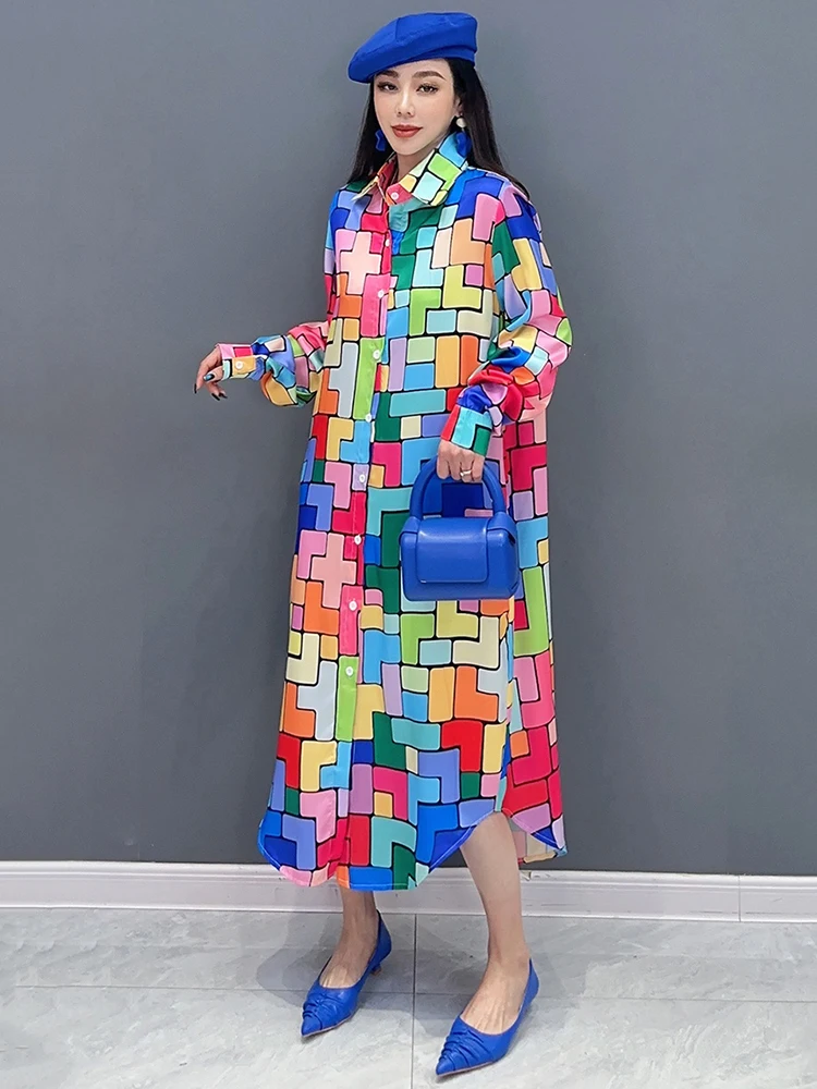 SHENGPALAE Contrast Color Printed Shirt Dress For Women Fashion Chic Lapel Single Breasted Loose Vestido Spring 2024 New 5R9286
