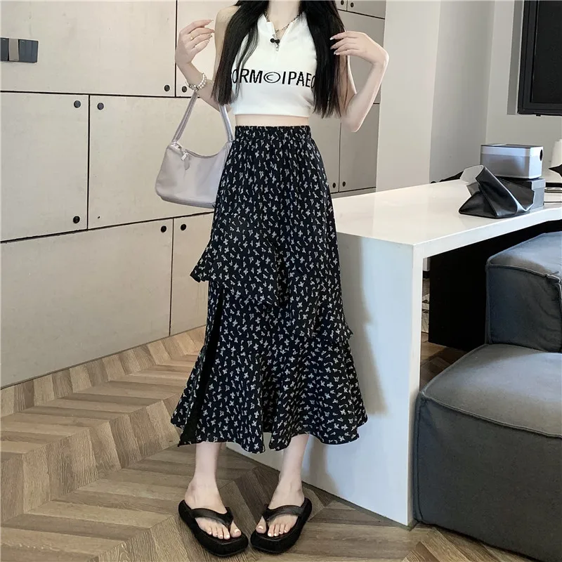 Summer 2023 New European and American High Waist Ruffled Floral Irregular Halfskirt Versatile Split Wrapped Hip Fishtail Skirt