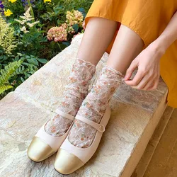 JK Lolita Kawaii Socks Women Harajuku Retro Streetwear Lace Floral Socks Hollow Out Mesh Thin Breathable Summer Loose Long Socks